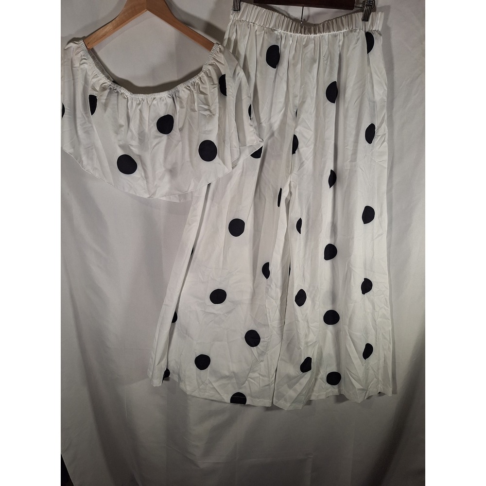 SHEIN Womens Polka Dot 2 Piece Set Off Shoulder Crop Top Wide Leg Pants White L